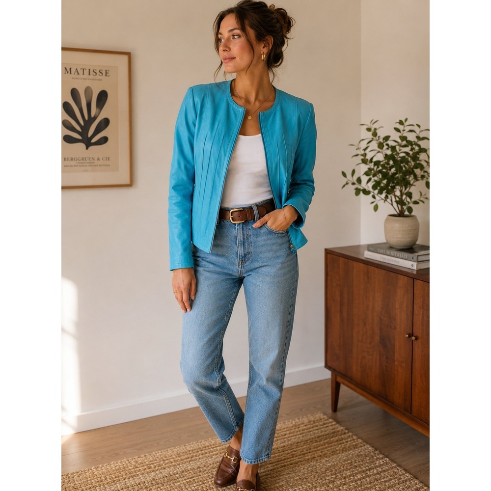 Yvonne & Marie for Revue Blue Leather Suede Pintuck Zip Front Jacket XLY2K